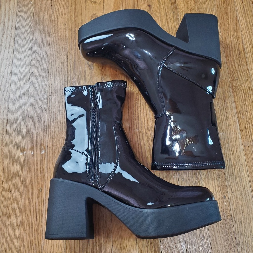Aldo Upstep Boot Womens Sz 8 Black Patent Vegan Leather Platform Heeled Chunky
